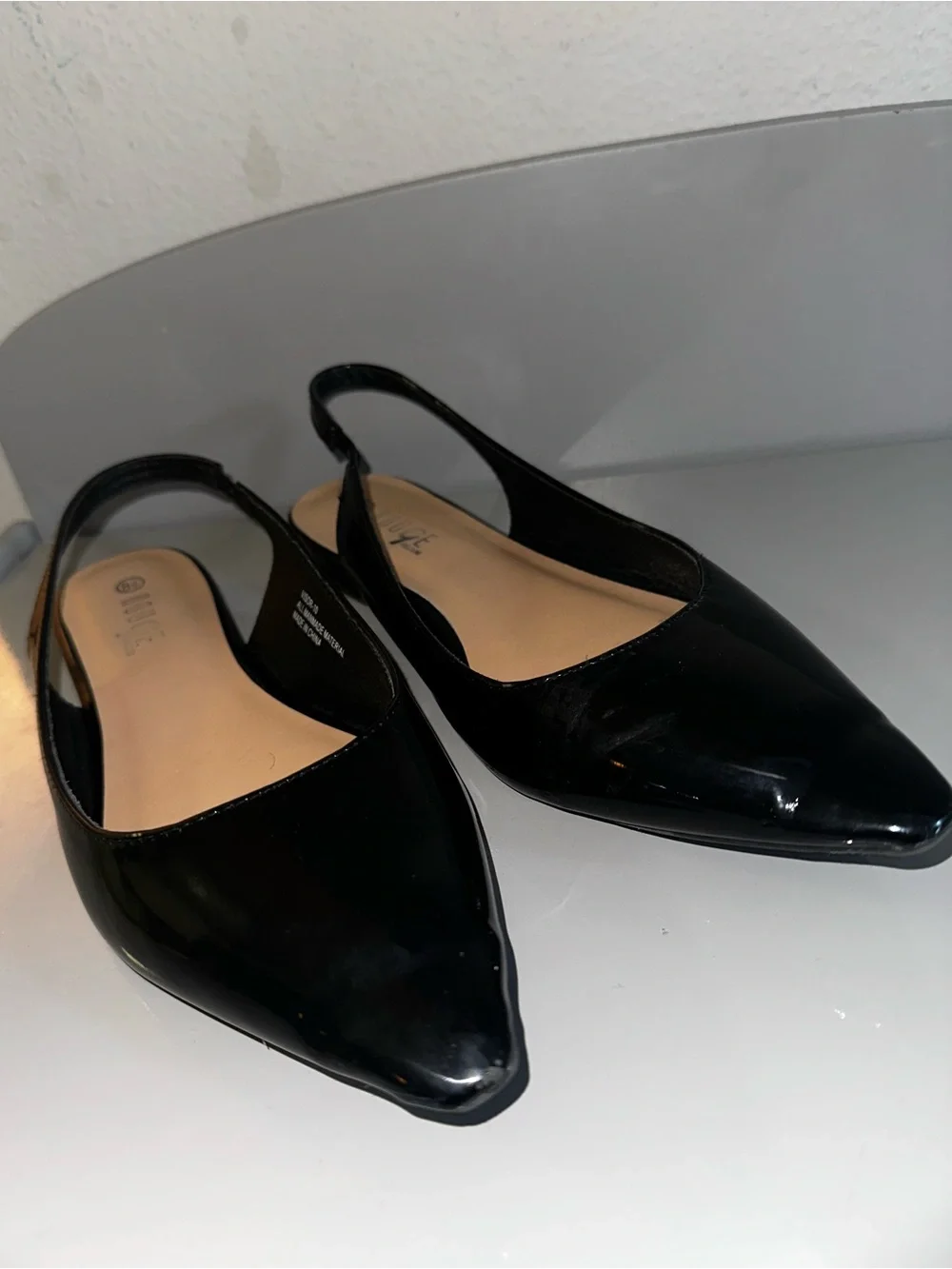 Rouge Helium Black Patent Pointed Toe Slingback Flats